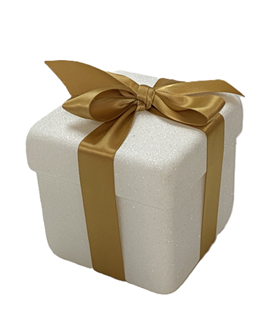 Gift Box White Glitter with Gold Ribbon 100mm
